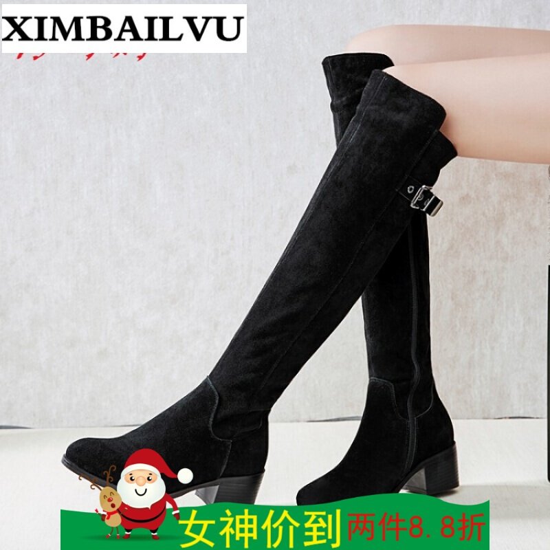 秋冬女士靴子欧美平底过膝靴弹力靴长筒靴长靴女靴棉鞋子女