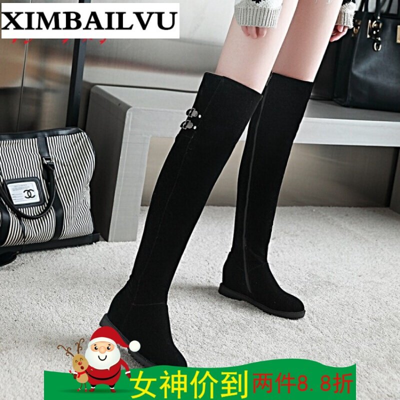 2017秋季风新款时尚气质性感弹力布坡跟高跟女靴长筒系带厚底长靴女靴黑色