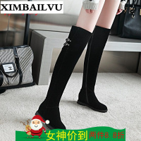 2017秋季风新款时尚气质性感弹力布坡跟高跟女靴长筒系带厚底长靴女靴黑色