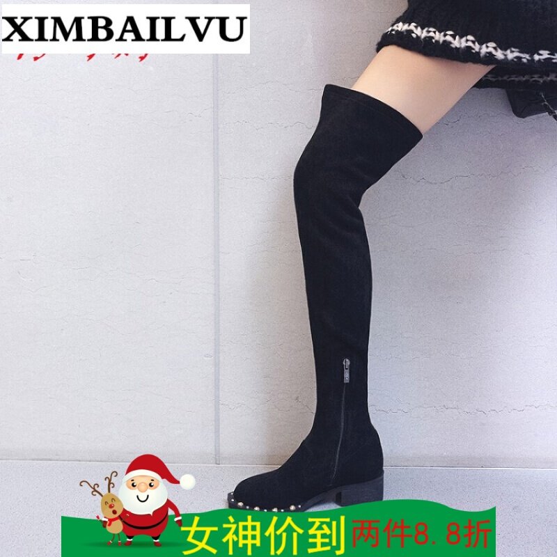 新品冬季性感新款尖头高跟鞋细跟高筒长筒靴弹力过膝长靴女靴子欧美流行简约休闲套筒弹力黑色