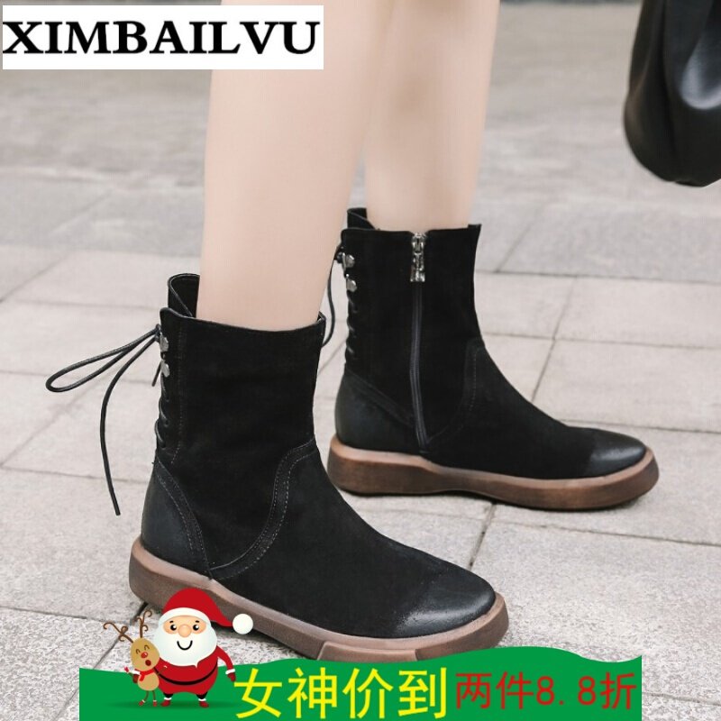 短靴女2017冬季新款坡跟休闲靴子女短靴百搭女靴圆头舒适及踝靴圆头内增高马丁靴女