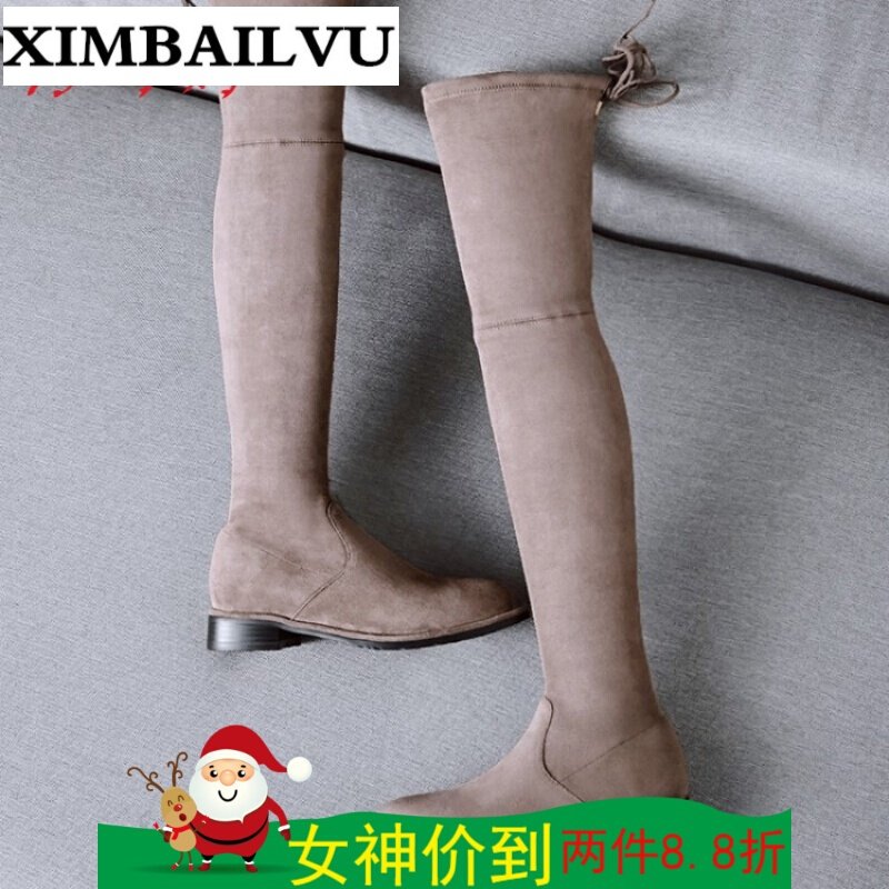 品牌秋冬季磨砂牛皮过膝靴女长靴子粗跟低跟长筒靴骑士靴欧美时尚女靴黑色