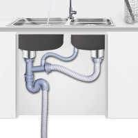 厨房洗菜盆下水管 水槽下水器双槽单槽水池排水管不锈钢配件 C010C 双槽有溢水孔下水管+钢头2个+提篮2个