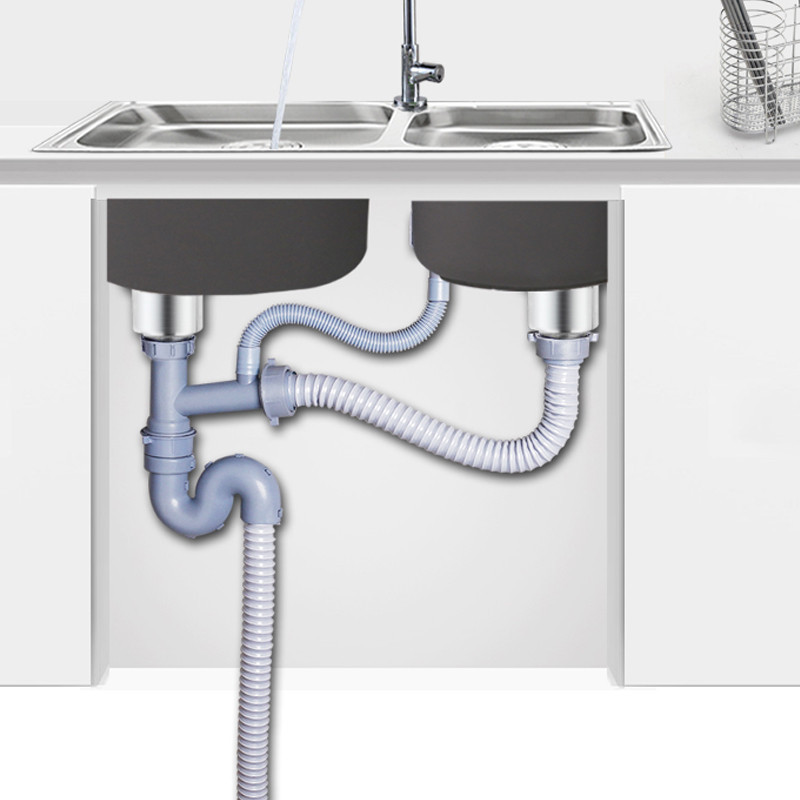 厨房洗菜盆下水管 水槽下水器双槽单槽水池排水管不锈钢配件 C010I 双槽有孔套装(加长至1米)(带钢头提篮)