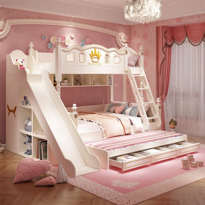 儿童上下床女孩公主双层床两层阿斯卡利上下铺木床高低床子母床小户型滑梯