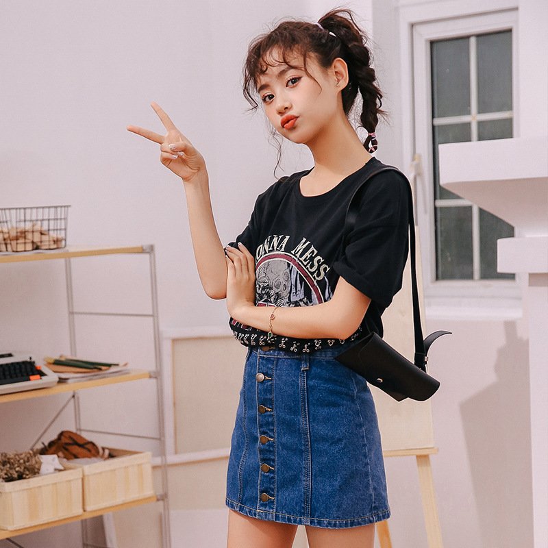 瑾汐韩版牛仔裙女高腰A字裙2018夏季牛仔短裙显瘦单排扣半身裙