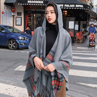 迪鲁奥(DILUAO)抖音网红[新款围巾]带帽斗篷式外套女士披风披肩围巾两用加厚保暖外搭条纹秋冬季超大 井字格斗篷披肩-