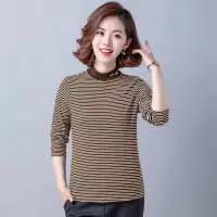 迪鲁奥(DILUAO)棉半高领打底衫中年妈妈条纹衬衫袖修身显瘦条纹内搭贴身舒适上衣
