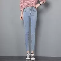 迪鲁奥(DILUAO)新款女装高腰涂层牛仔布裤女2019年秋季装新款修身女裤春装裤子显瘦九分工装裤