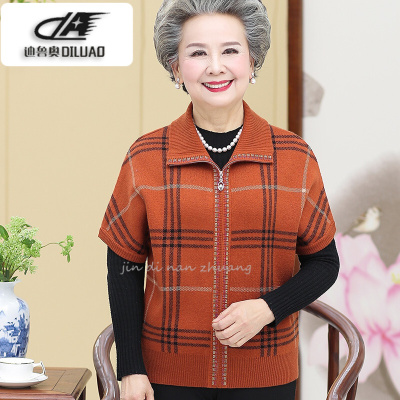 迪鲁奥(DILUAO)授权店铺2019年秋季冬新款老年人女装春秋中袖中老年羊毛衫背心妈妈装秋冬大码半袖外套