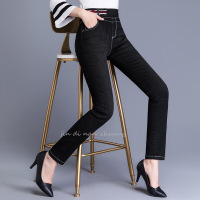 迪鲁奥(DILUAO)松紧腰金属丝牛仔布裤女春秋长裤2021新款高腰弹力修身显瘦中年妈妈常规裤