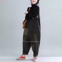 迪鲁奥(DILUAO)破洞补丁加厚牛仔布裤2019年秋季冬新款文艺复古哈伦大码女裤潮水洗吊裆裤 黑色