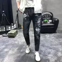 迪鲁奥(DILUAO)2019年秋季新款涂层牛仔布裤社会小伙韩版修身刺绣百搭九分束脚裤网红 图片色