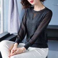 迪鲁奥(DILUAO)早秋亮丝外穿微透上衣女2019年秋季新款韩版套头袖镂空冰丝针织打底衫
