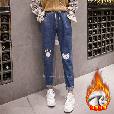 迪鲁奥(DILUAO)金属丝牛仔布裤子女秋季2021新款初中高中学生松紧腰宽松休闲百搭薄款长裤