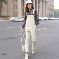 迪鲁奥(DILUAO)网红背带裤女米白色2019年秋季冬新款减龄百搭宽松系学生金属丝牛仔布裤韩版