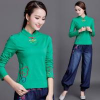 迪鲁奥(DILUAO)2019年秋季冬新款民族风女装刺绣大码打底衫广场舞服上衣长袖绣花T恤