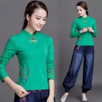 迪鲁奥(DILUAO)2019年秋季冬新款民族风女装刺绣大码打底衫广场舞服上衣长袖绣花T恤