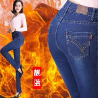 迪鲁奥(DILUAO)秋冬季高腰大码弹力涂层牛仔布裤女士保暖中年妈妈长裤