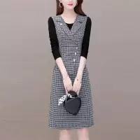 迪鲁奥(DILUAO)假两件西装领小香风中年妈妈长袖冬季新款打底过膝裙子