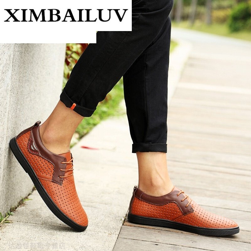 夏天镂空男鞋小码36374546真皮休闲皮鞋百搭板鞋男透气洞洞鞋单鞋