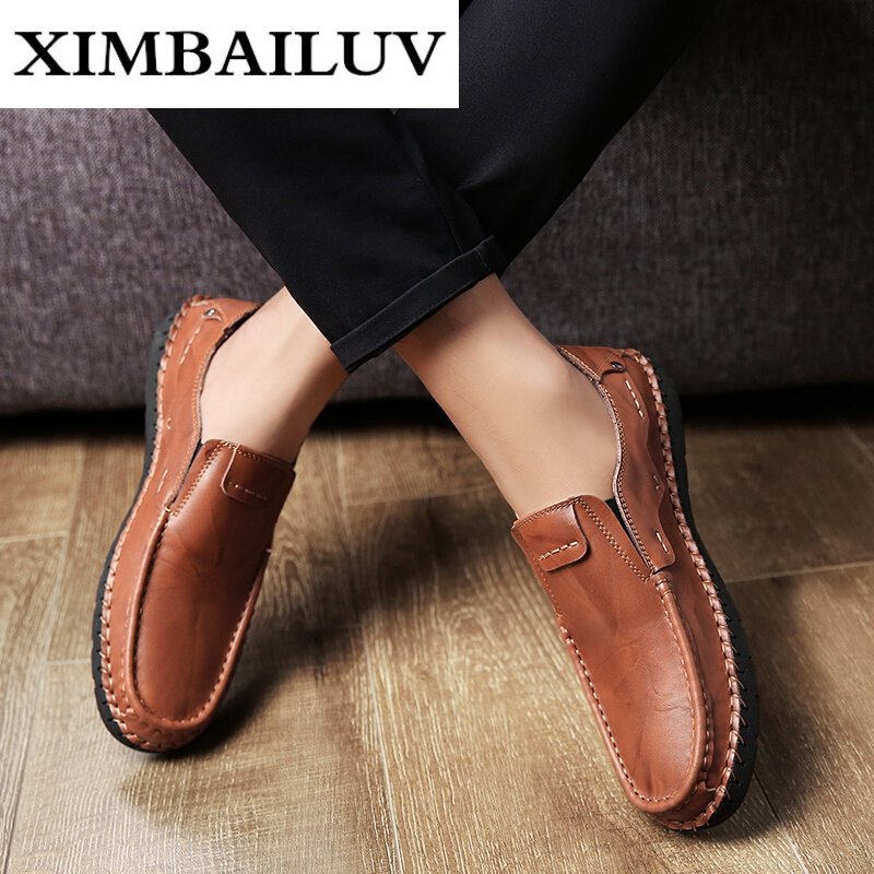 路蒙卡帝品牌2017舒适套脚男皮鞋秋款皮鞋男都市手工缝线休闲皮鞋一脚蹬懒人套脚鞋软底豆豆鞋