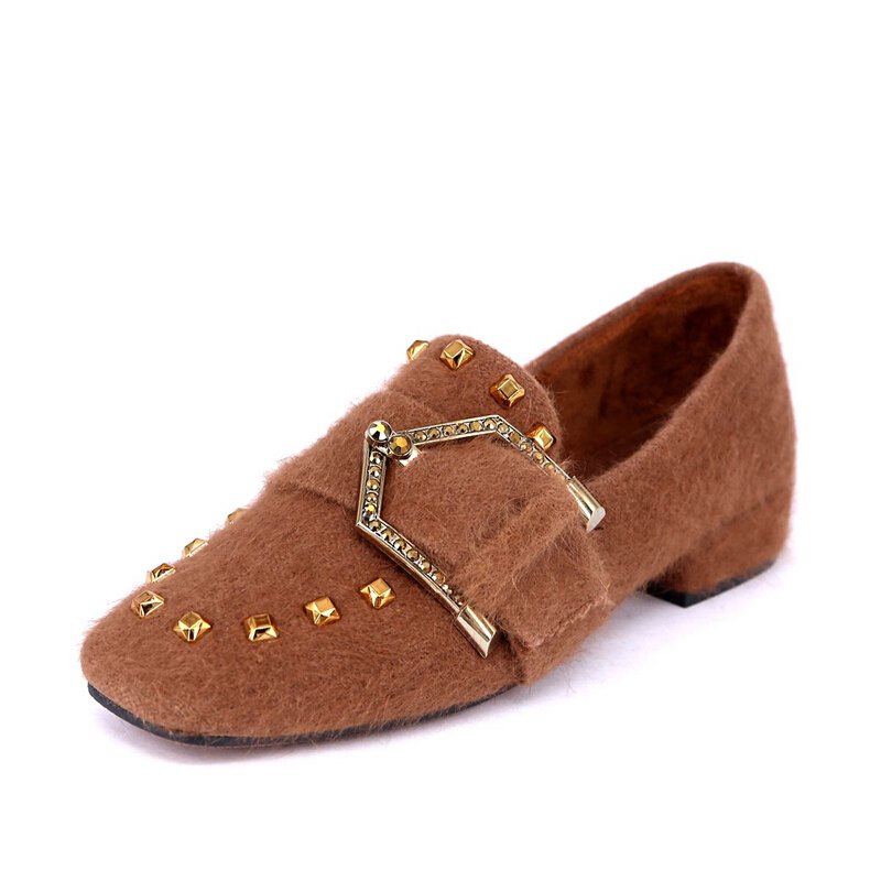 班尔（BANER）铆钉金属扣貂绒乐福鞋2017秋冬新款女鞋韩版时尚学生复古低帮鞋黑