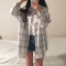 902新款2017韩国学生长袖棉麻衬衫女格子衬衣防晒衣衫大码宽松薄外套定制