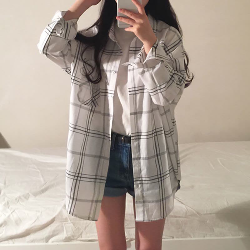 902新款2017韩国学生长袖棉麻衬衫女格子衬衣防晒衣衫大码宽松薄外套定制图片