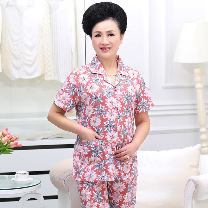 902新款短袖睡衣女夏季中老年睡衣短袖长裤妈妈睡衣套装开衫女士家居