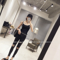 902新款早春新款女装复古做旧膝盖破洞毛边高腰修身铅笔小脚牛仔裤女定制