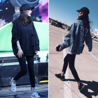 902新款杨幂同款裤子欧阳娜娜不规则开叉黑色高腰牛仔裤女九分小脚裤定制