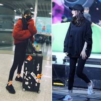902新款杨幂同款裤子欧阳娜娜不规则开叉黑色高腰牛仔裤女九分小脚裤定制