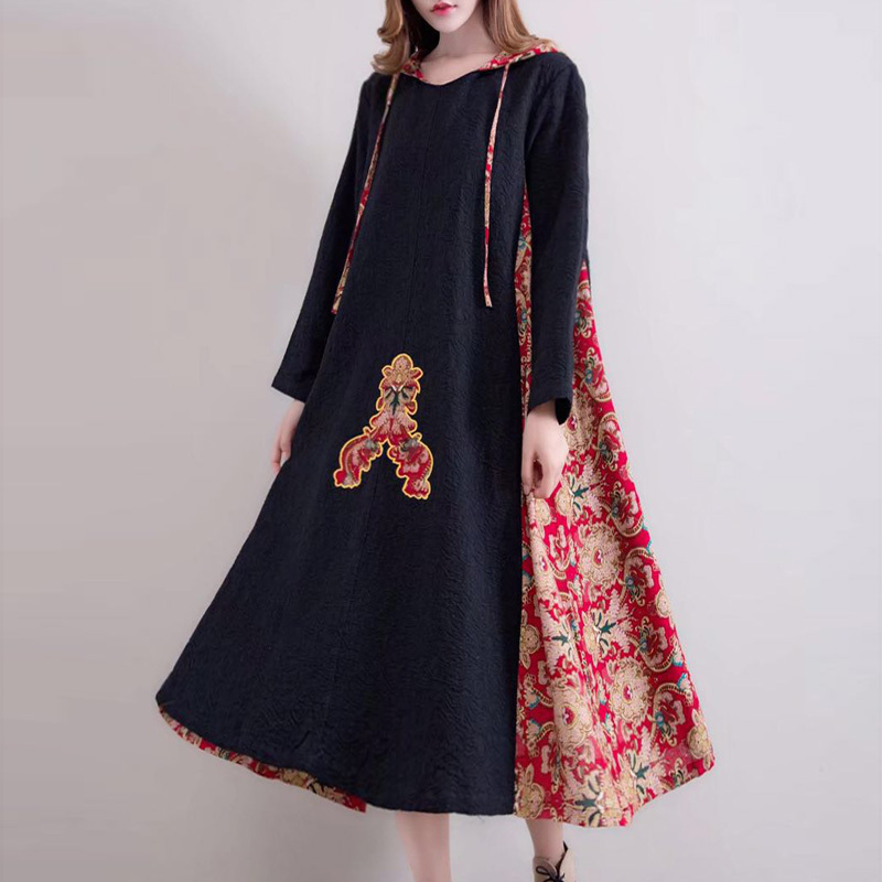 902新款2017夏秋装新款大码民族风女印花连衣裙复古中国风长款棉麻