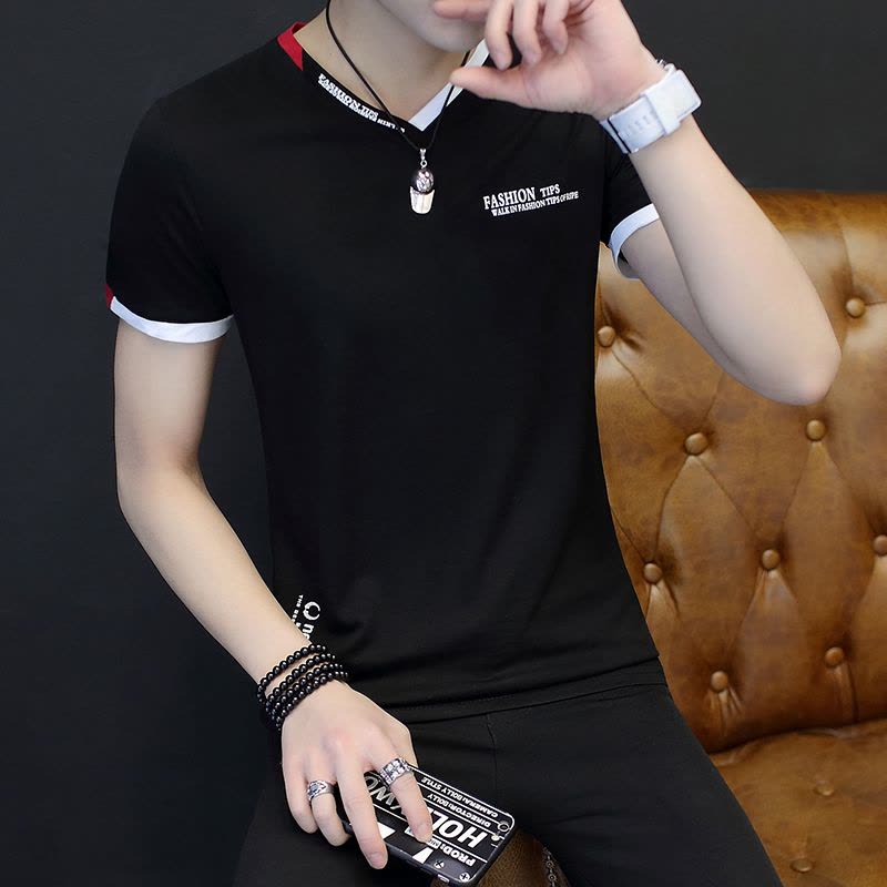 902新款2017新款夏装男士短袖T恤韩版修身V领体恤青年男装白色半袖上衣服定制图片
