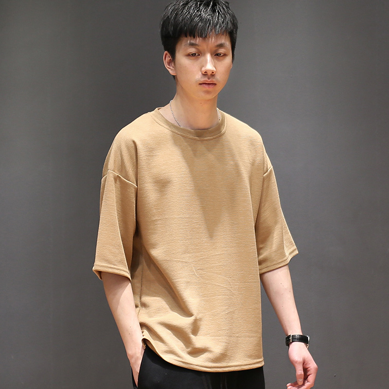 902新款原创夏季新款日系复古圆领五分袖t恤男士宽松短袖青年纯色中袖