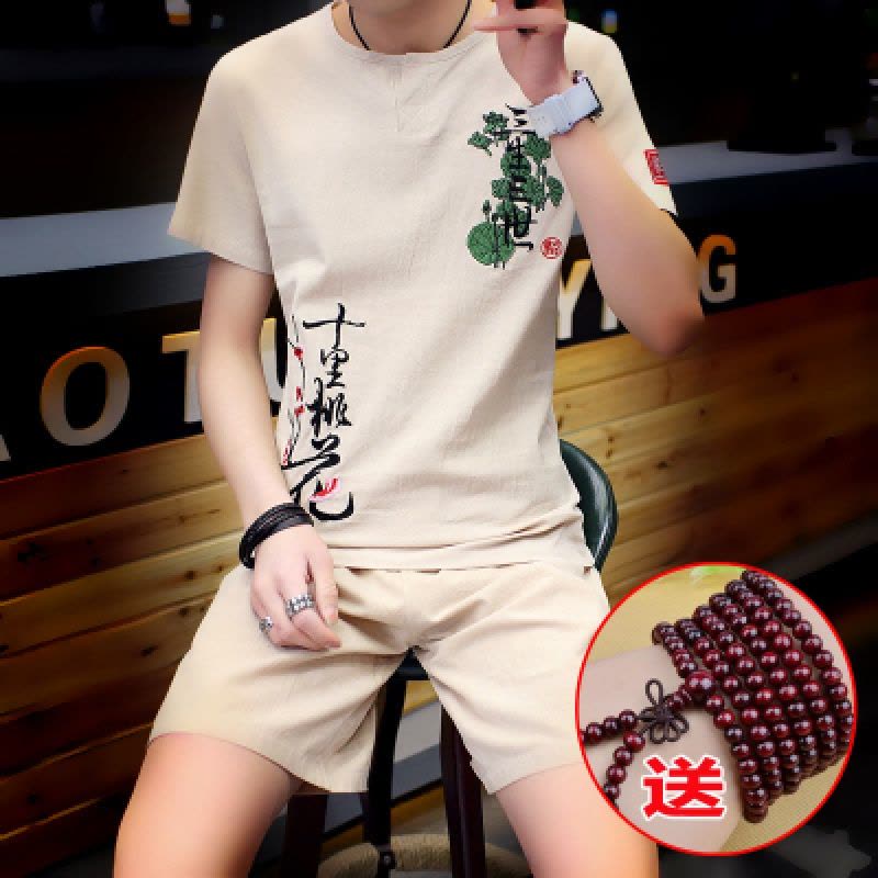 902新款夏季亚麻套装男士棉麻短袖T恤潮流休闲短裤青年中国风刺绣两件套图片