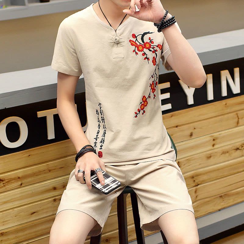 902新款夏季亚麻套装男士棉麻短袖T恤潮流休闲短裤青年中国风刺绣两件套图片