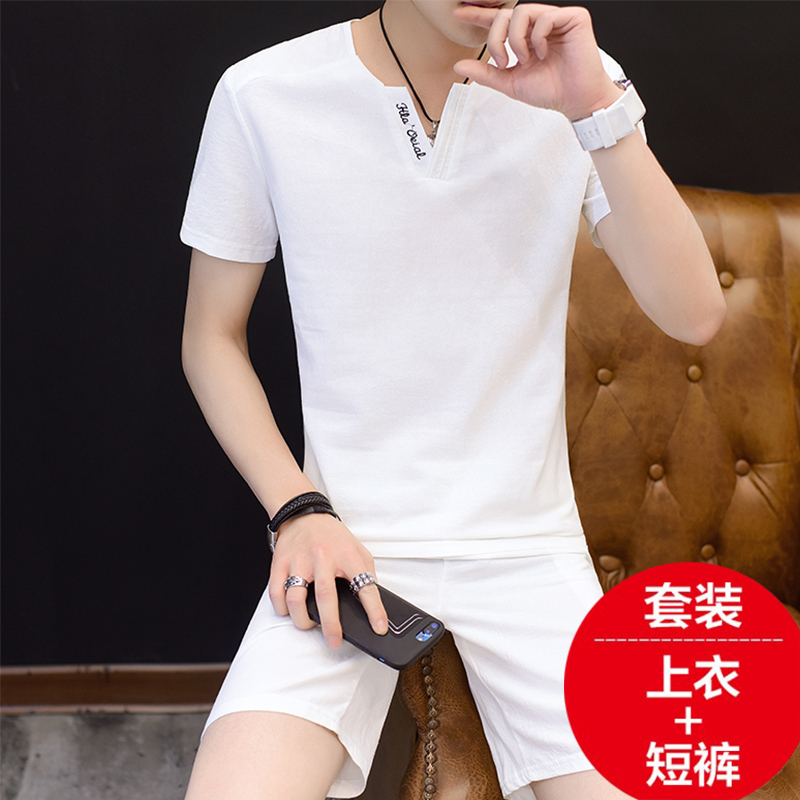 902新款夏季亚麻套装男士棉麻短袖T恤潮流休闲短裤青年中国风刺绣两件套