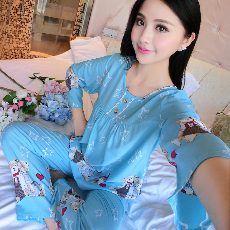 902新款棉绸睡衣女春夏季长袖绵绸家居服套装薄款人造棉秋宽松可爱