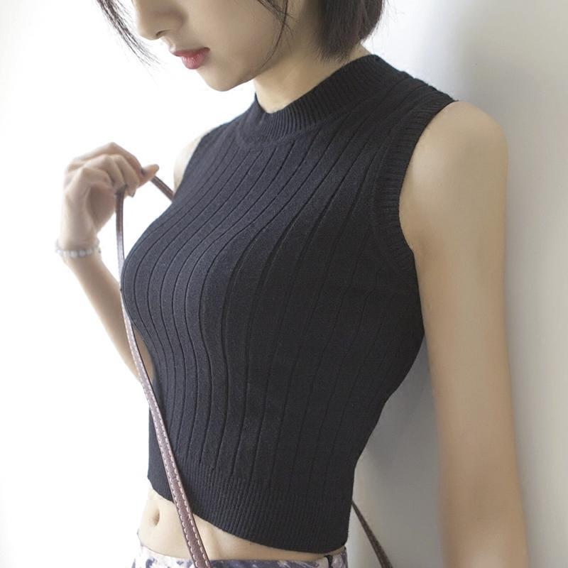 902新款高腰纯色漏肚脐露脐装上衣短款紧身无袖背心针织t恤女夏装打底