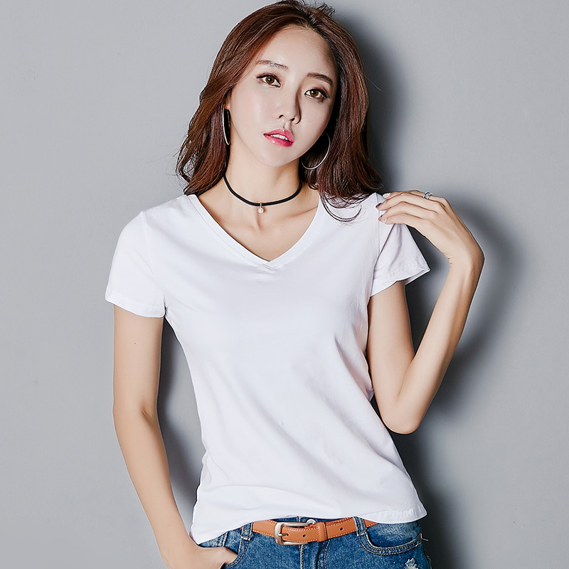 902新款2017新款夏装v领白色t恤女短袖修身棉上衣半袖衣服纯色紧身