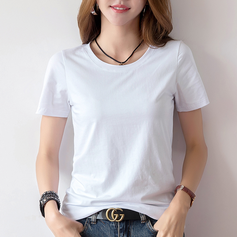 902新款夏季短袖白色t恤女宽松简约百搭纯白打底衫棉韩版上衣体恤定制