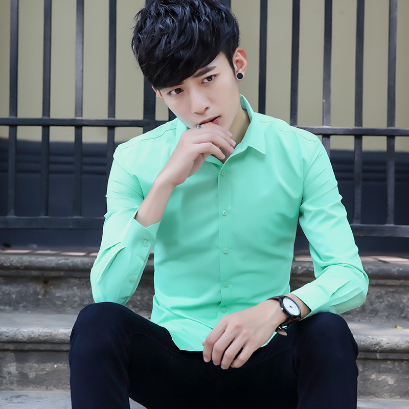 902新款秋季长袖衬衫男士衬衣韩版修身青年纯白色寸衫男职业商务正装