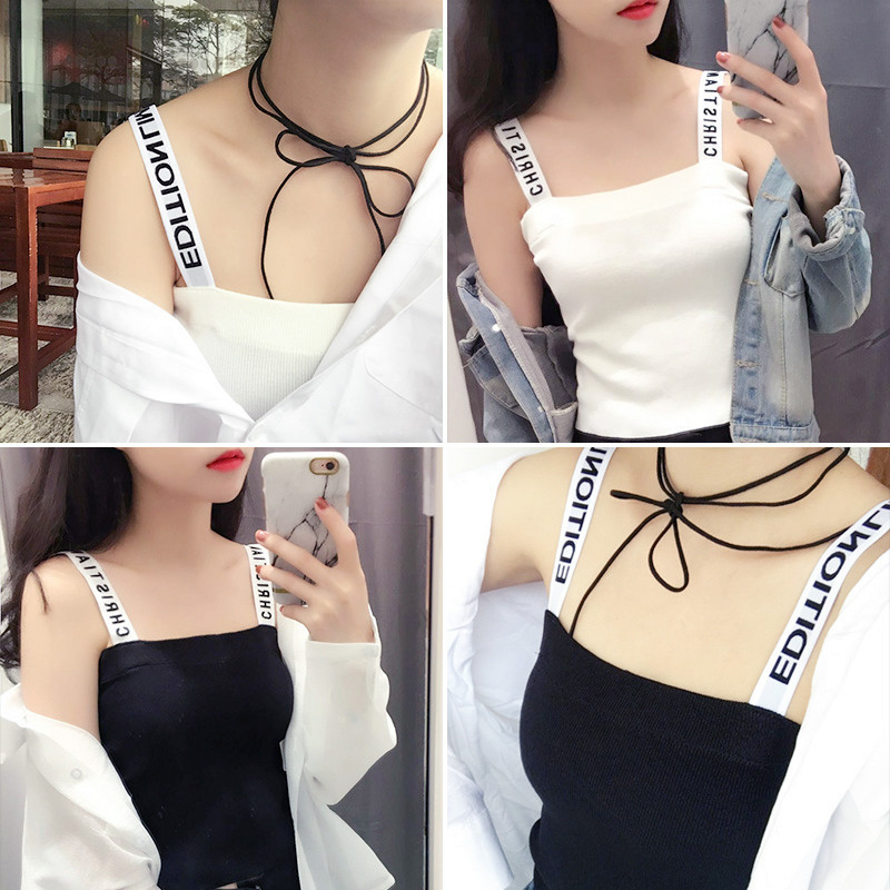 902新款字母吊带背心短款夏季棉露肩小女生t恤内搭外穿打底衫2017新款
