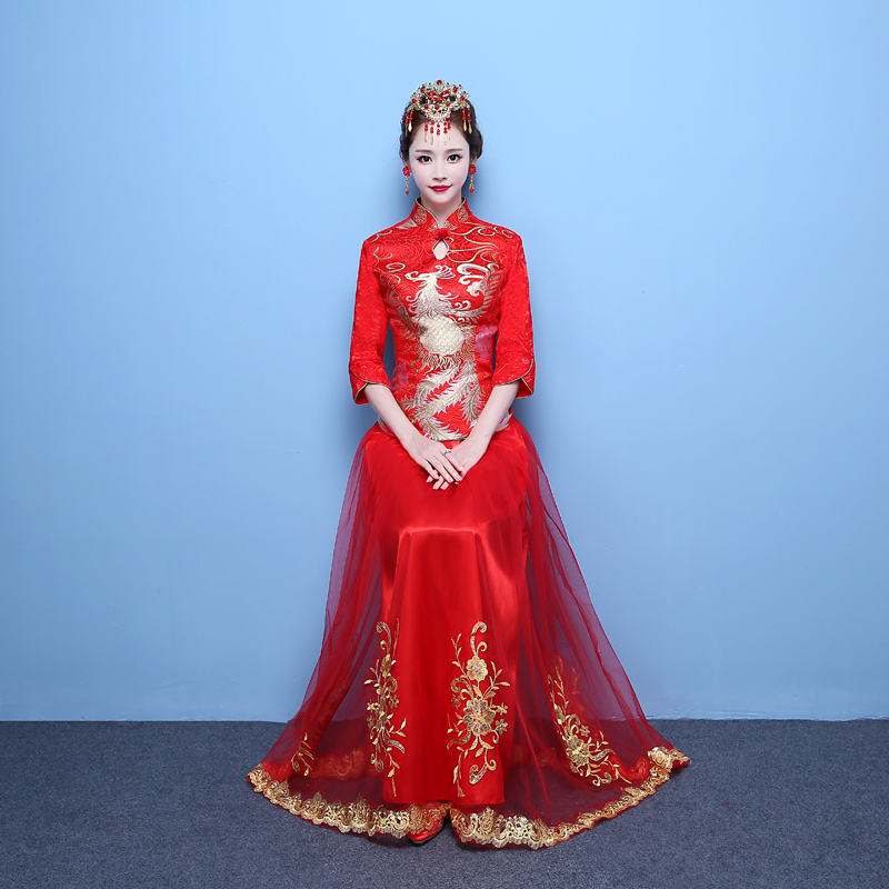 902新款2017新款中式秀禾服新娘装嫁衣红色结婚礼服敬酒服旗袍秋长款