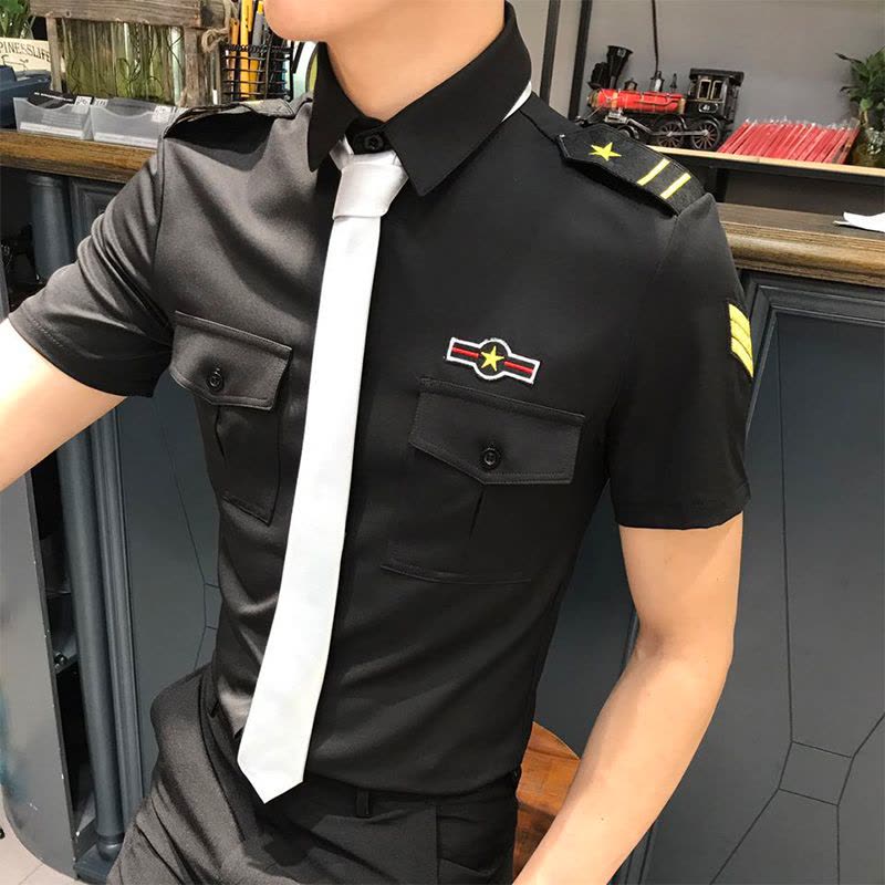 902新款理发店发型师夜店酒吧KTV服务员工作服空少制服男女短袖衬衫衬衣定制图片