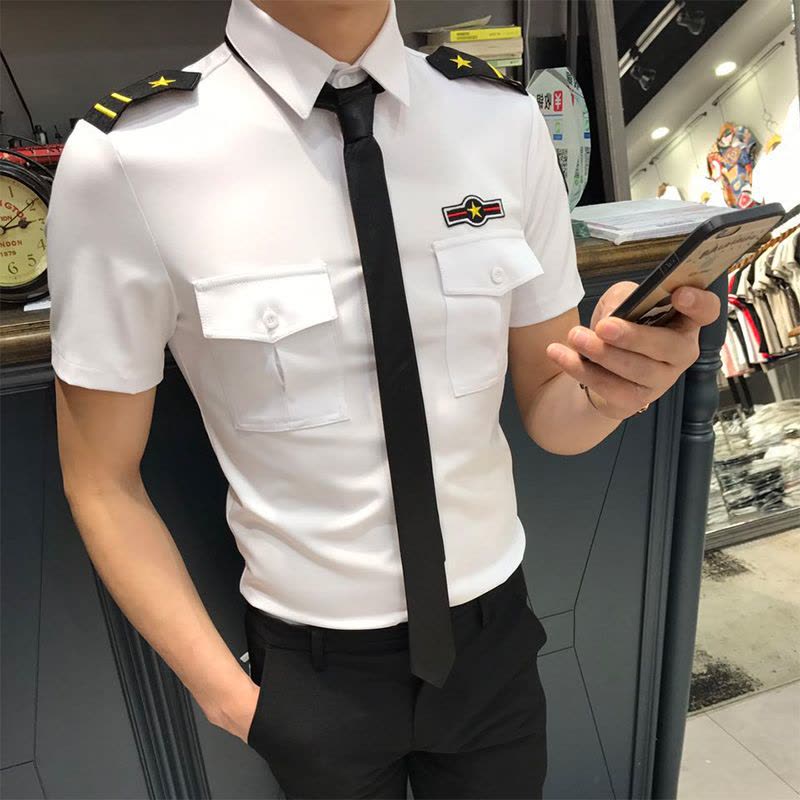 902新款理发店发型师夜店酒吧KTV服务员工作服空少制服男女短袖衬衫衬衣定制图片