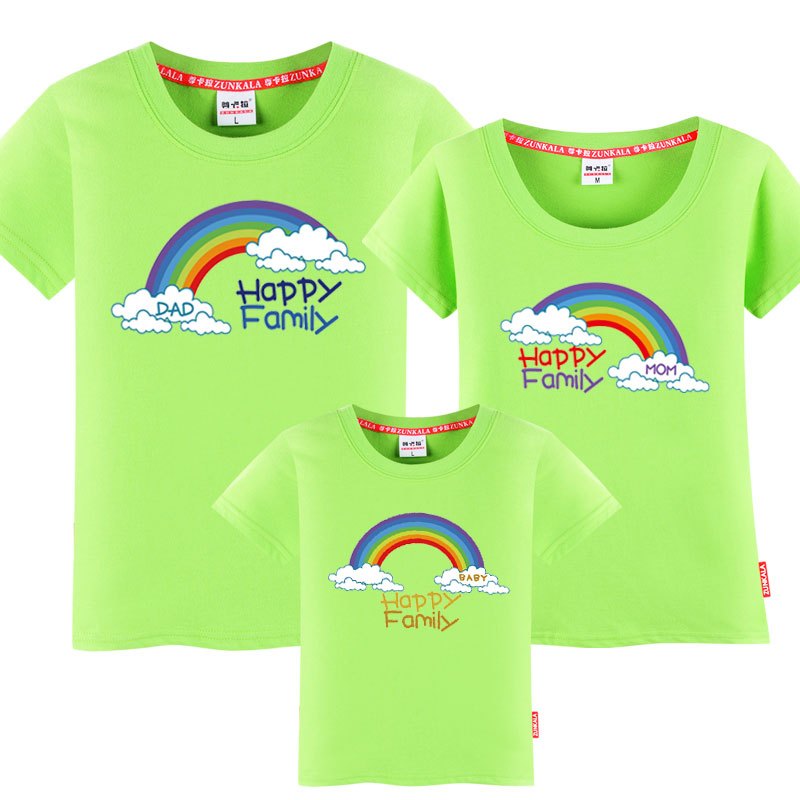 亲子装春夏装2017新款一家三口全家装短袖彩虹家庭t恤印花上衣定制