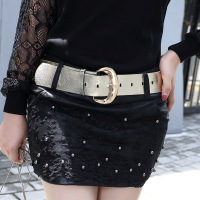 顺崇2018春春新款女装时尚百搭蕾丝钉珠PU皮短裙包臀裙半身裙